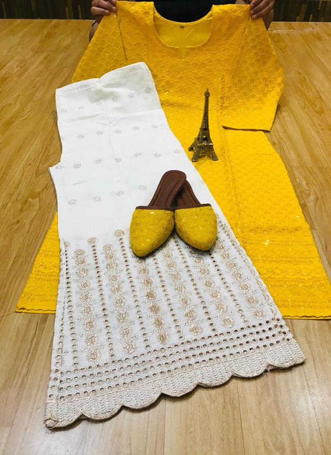 Yellow Pure Cotton Traditional Wear Chiikankari Kurti With Sharara